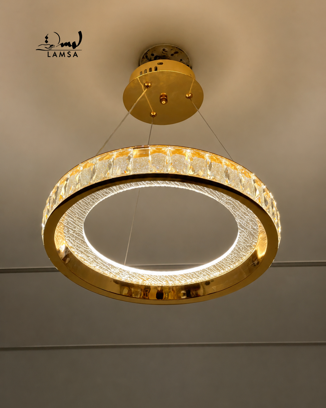 lustre led round Cristal doré 60 cm et 40 cm
