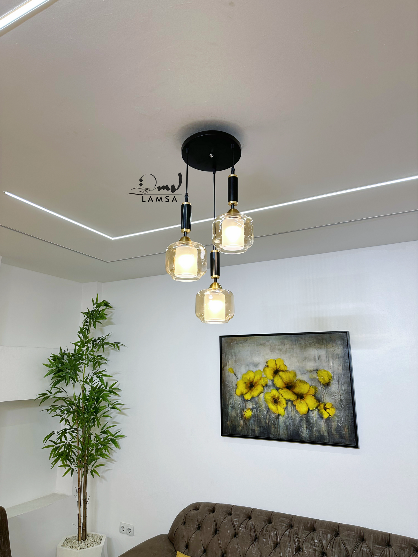 Lustre moderne 3 lampes "Verre Soufflé Ambra"