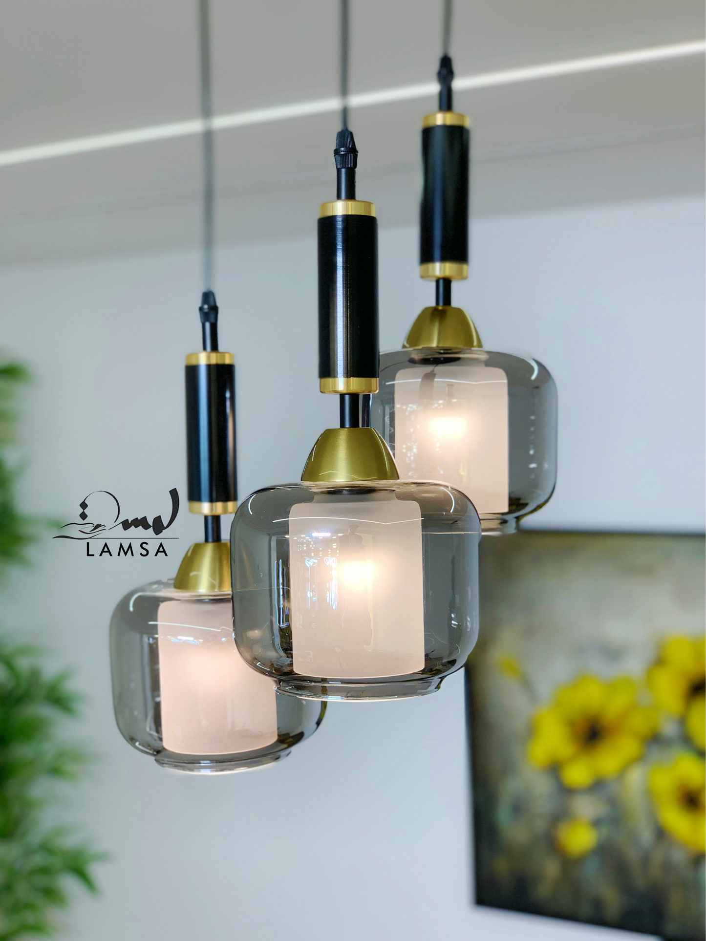 Lustre moderne 3 lampes "Verre Soufflé Gris"