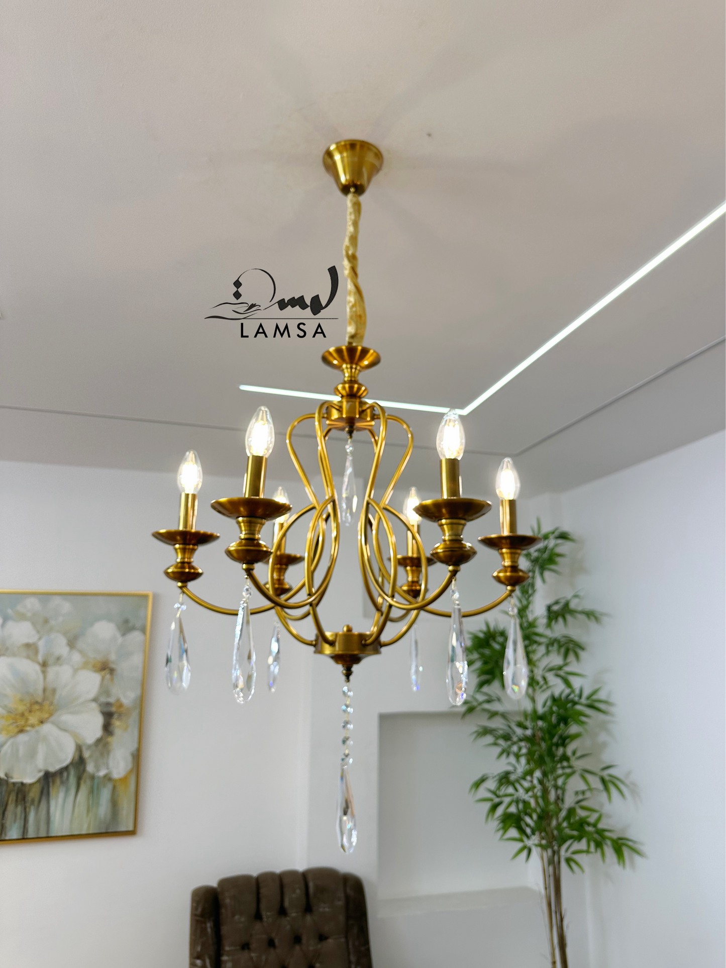 Lustre bronze raffiné avec cristaux suspendus- 6 ampoules