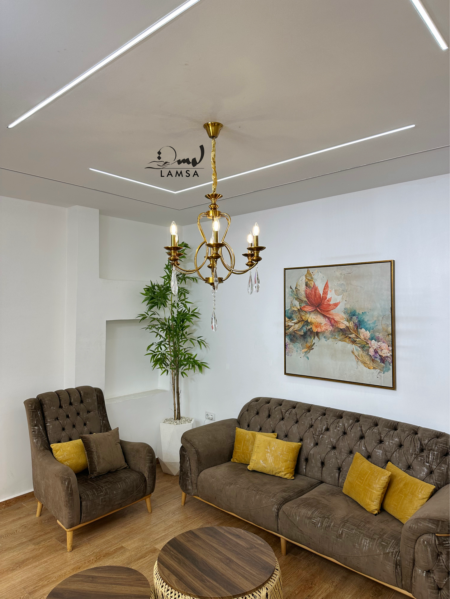 Lustre bronze raffiné avec cristaux suspendus- 6 ampoules
