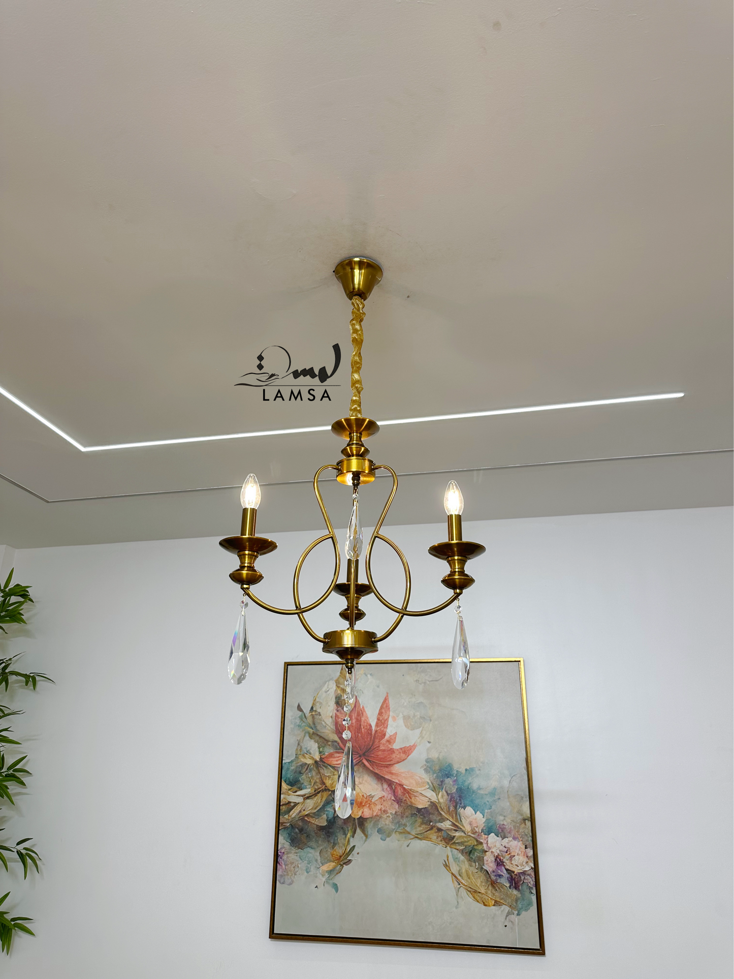 Lustre bronze raffiné avec cristaux suspendus- 3 ampoules