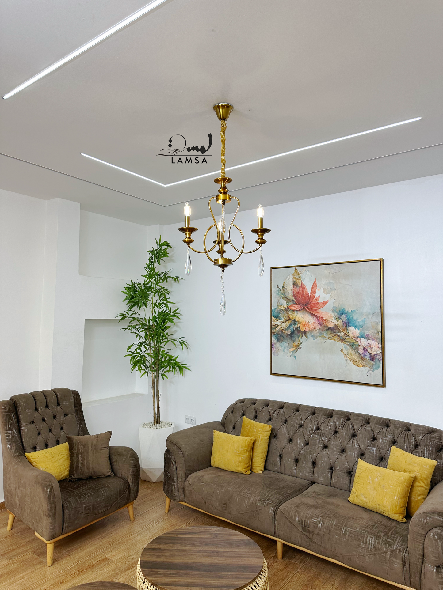 Lustre bronze raffiné avec cristaux suspendus- 3 ampoules