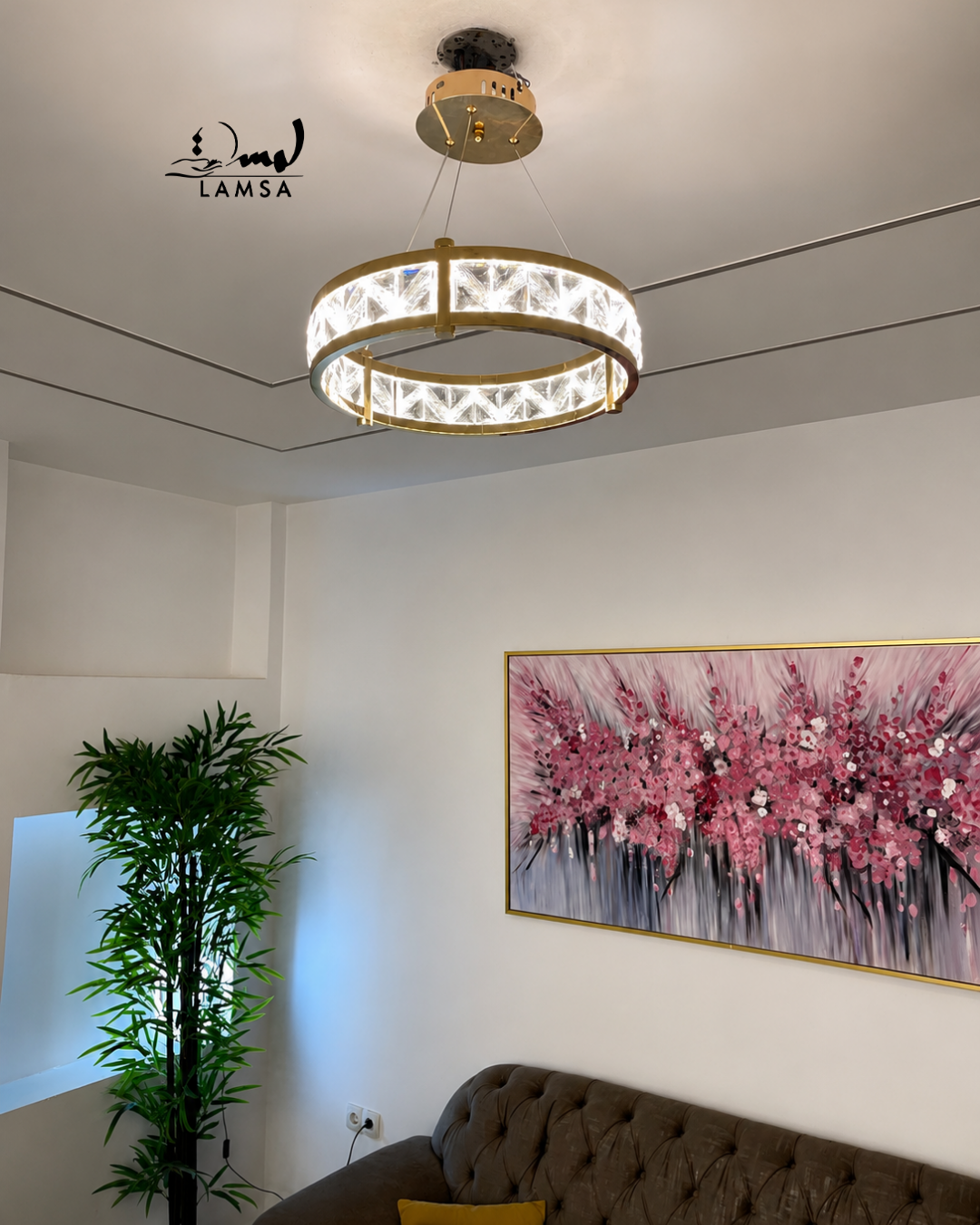 lustre led round Cristal doré 60 cm et 40 cm