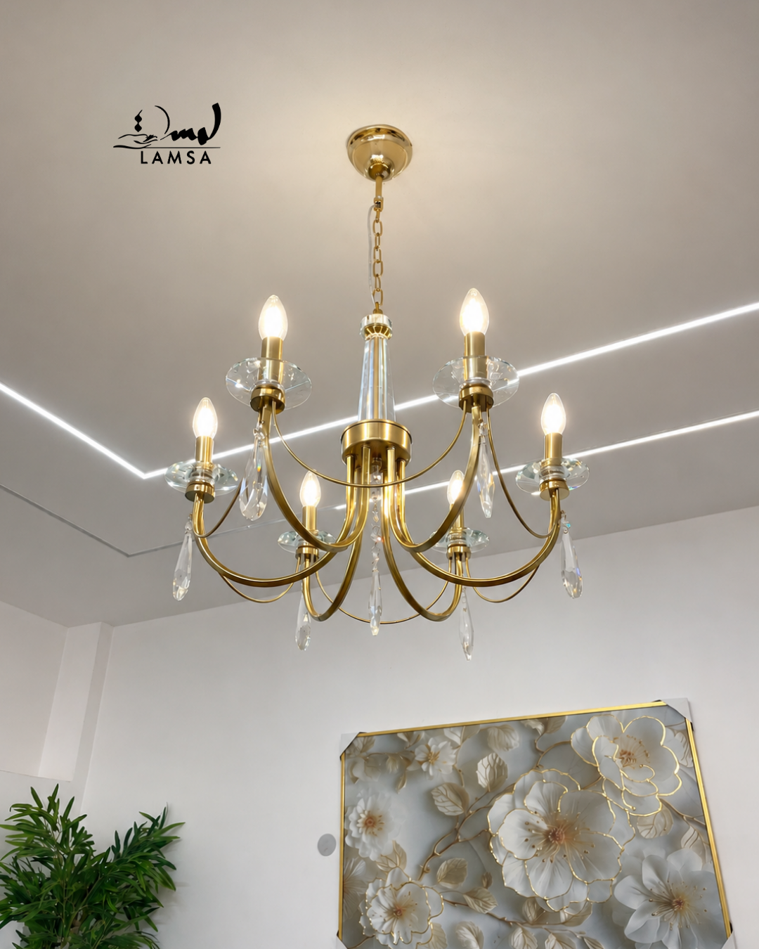 Lustre Chandelier Cristal "Doré" 6 abat-jour