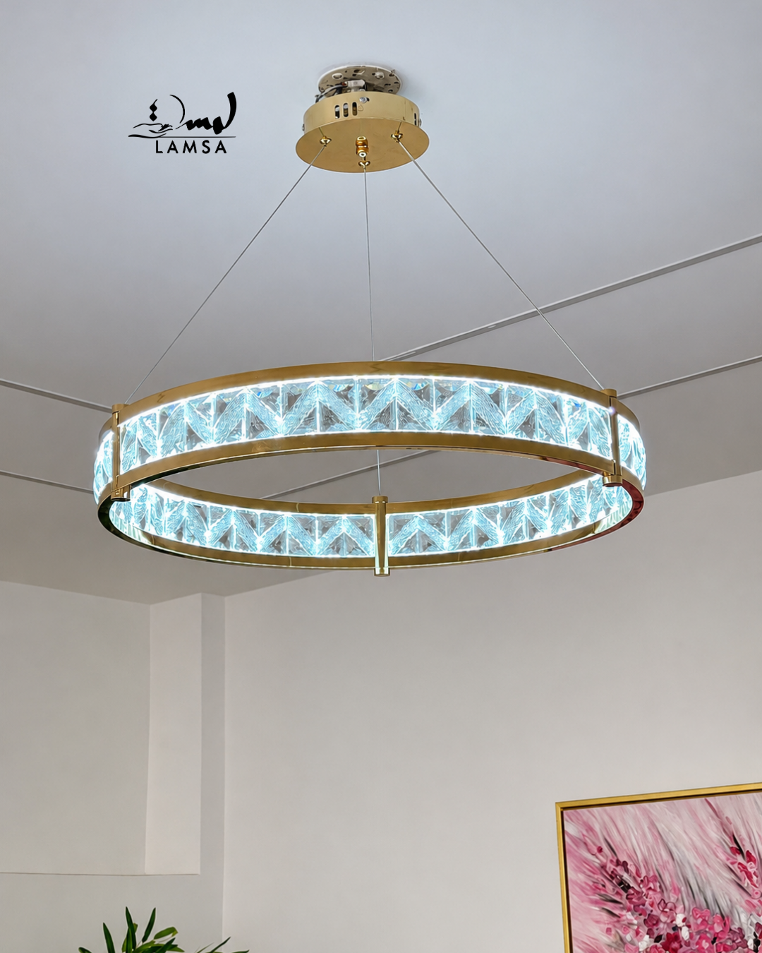 lustre led round Cristal doré 60 cm et 40 cm