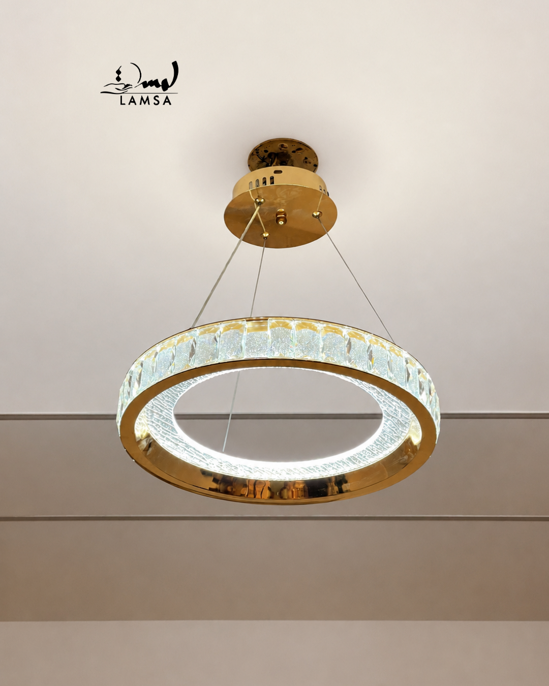 lustre led round Cristal doré 60 cm et 40 cm