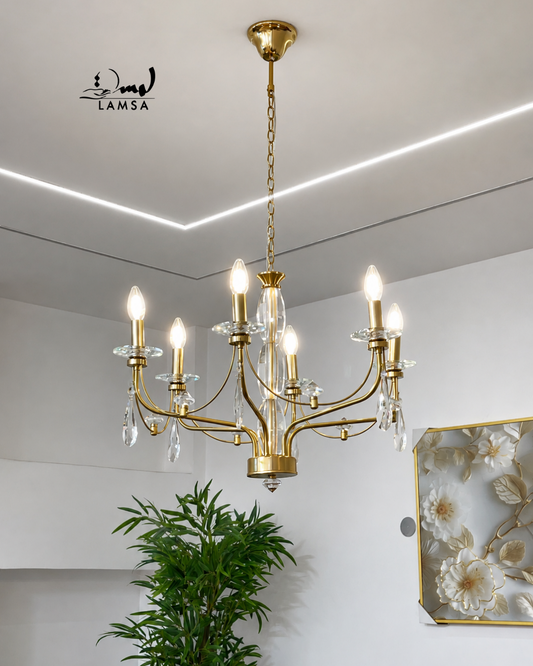 Lustre Chandelier Cristal "Doré" 6 abat-jour