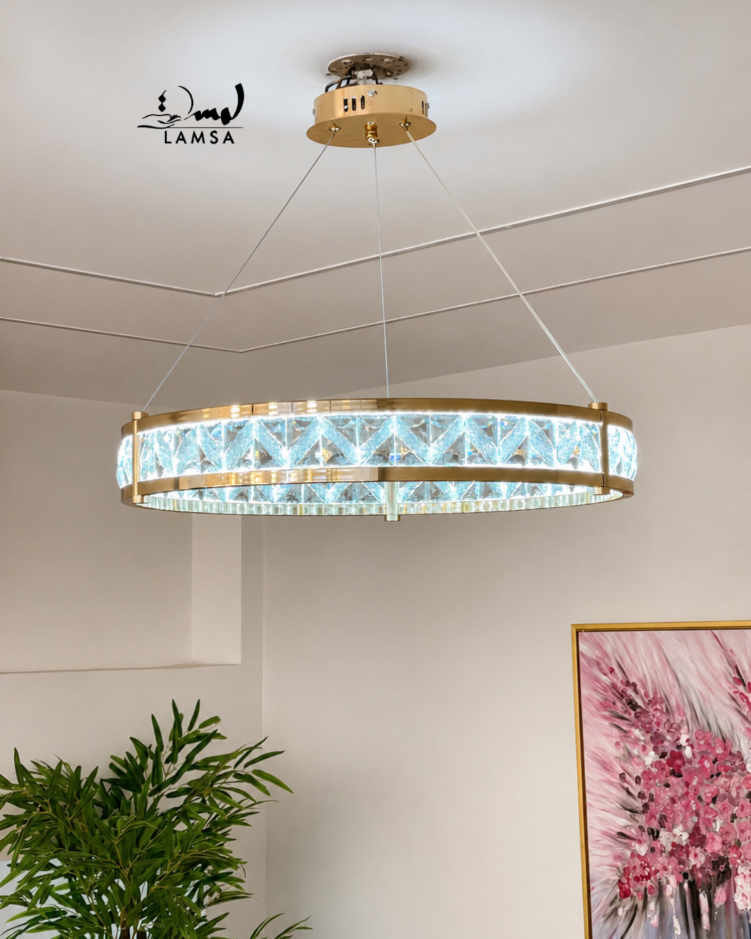 lustre led round Cristal doré 60 cm et 40 cm