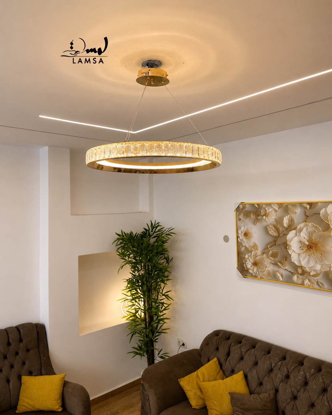 lustre led round Cristal doré 60 cm et 40 cm