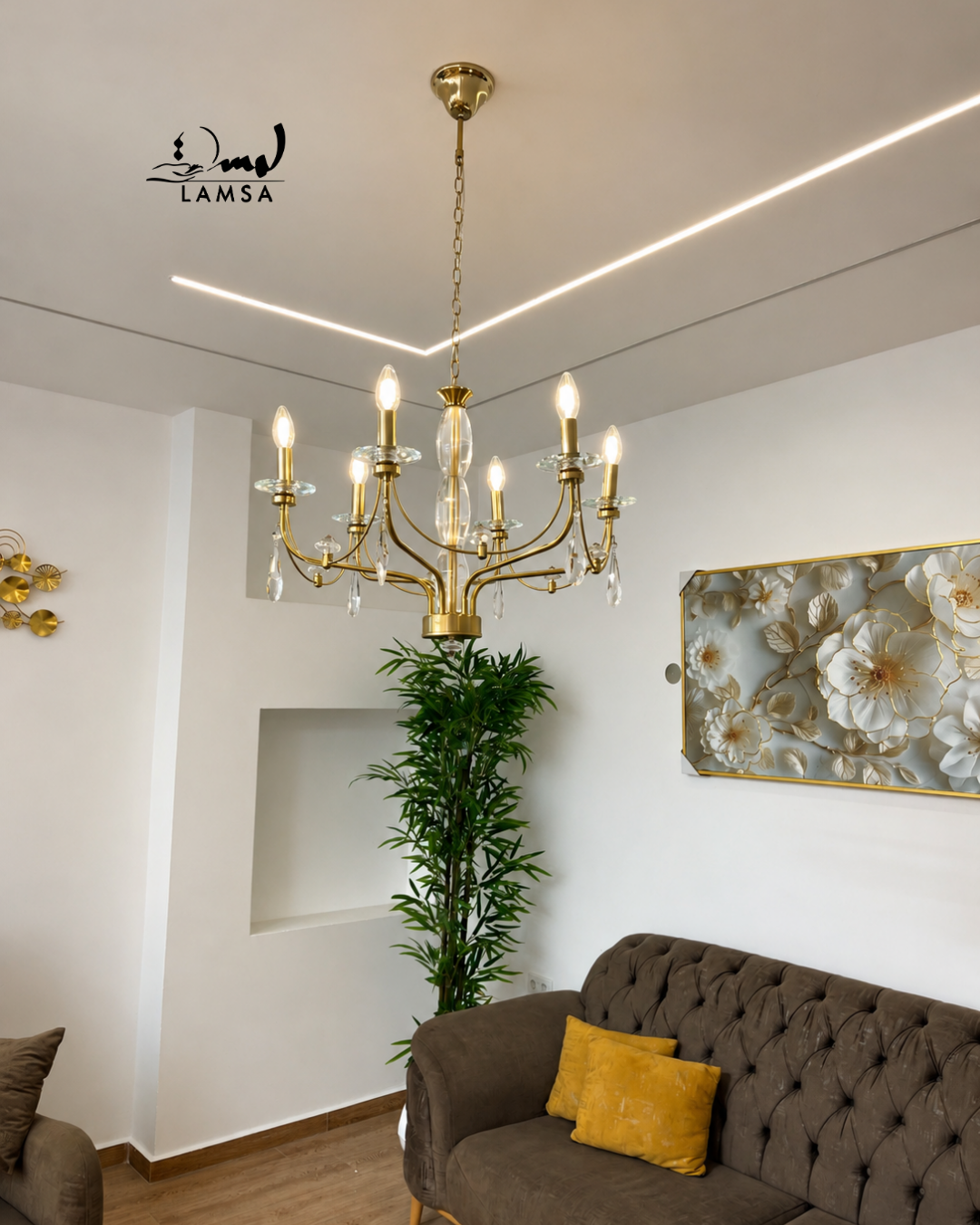 Lustre Chandelier Cristal "Doré" 6 abat-jour