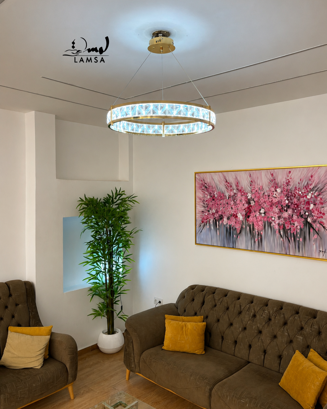 lustre led round Cristal doré 60 cm et 40 cm