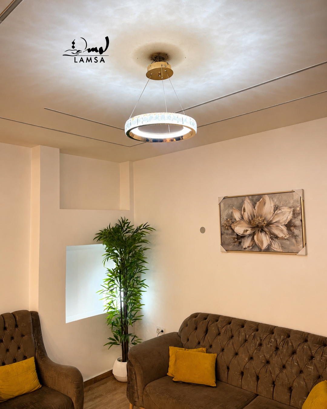 lustre led round Cristal doré 60 cm et 40 cm