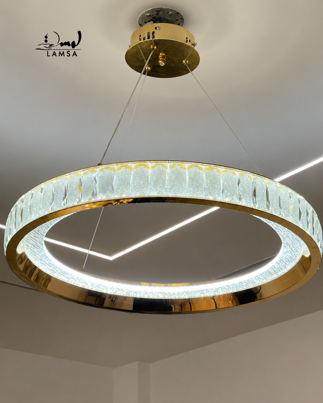 lustre led round Cristal doré 60 cm et 40 cm