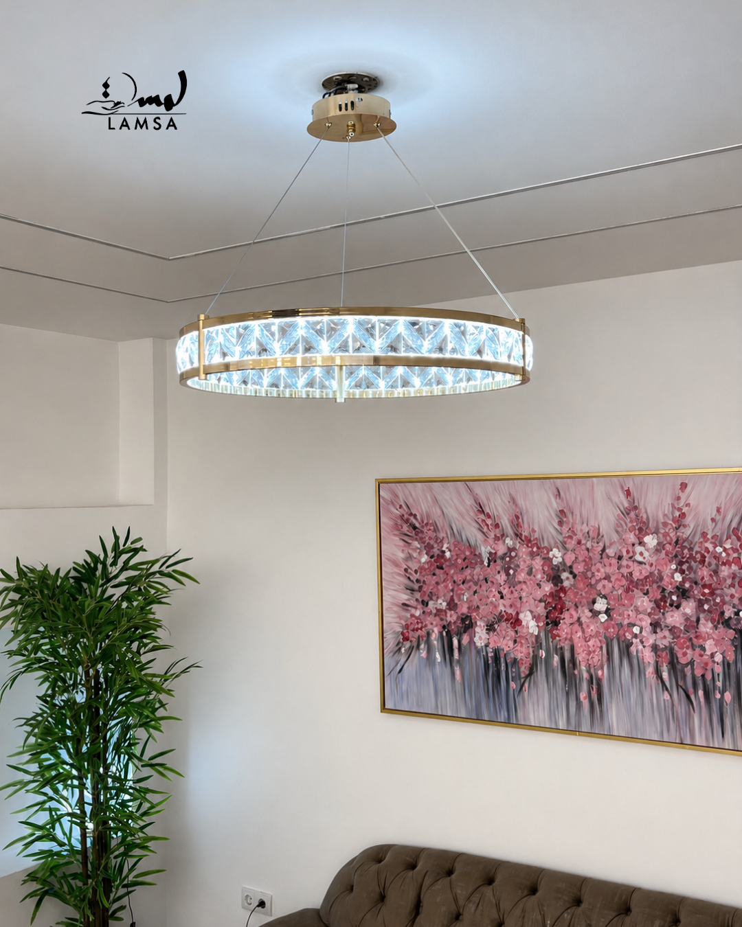 lustre led round Cristal doré 60 cm et 40 cm