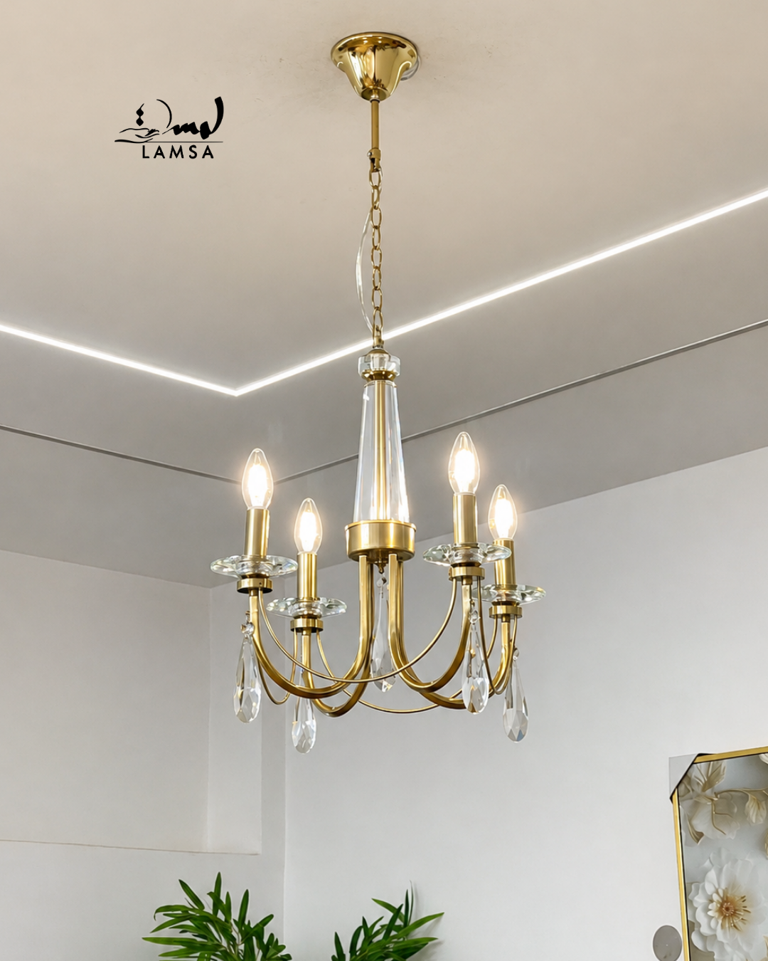 Lustre Chandelier Cristal "Doré" 4 abat-jour