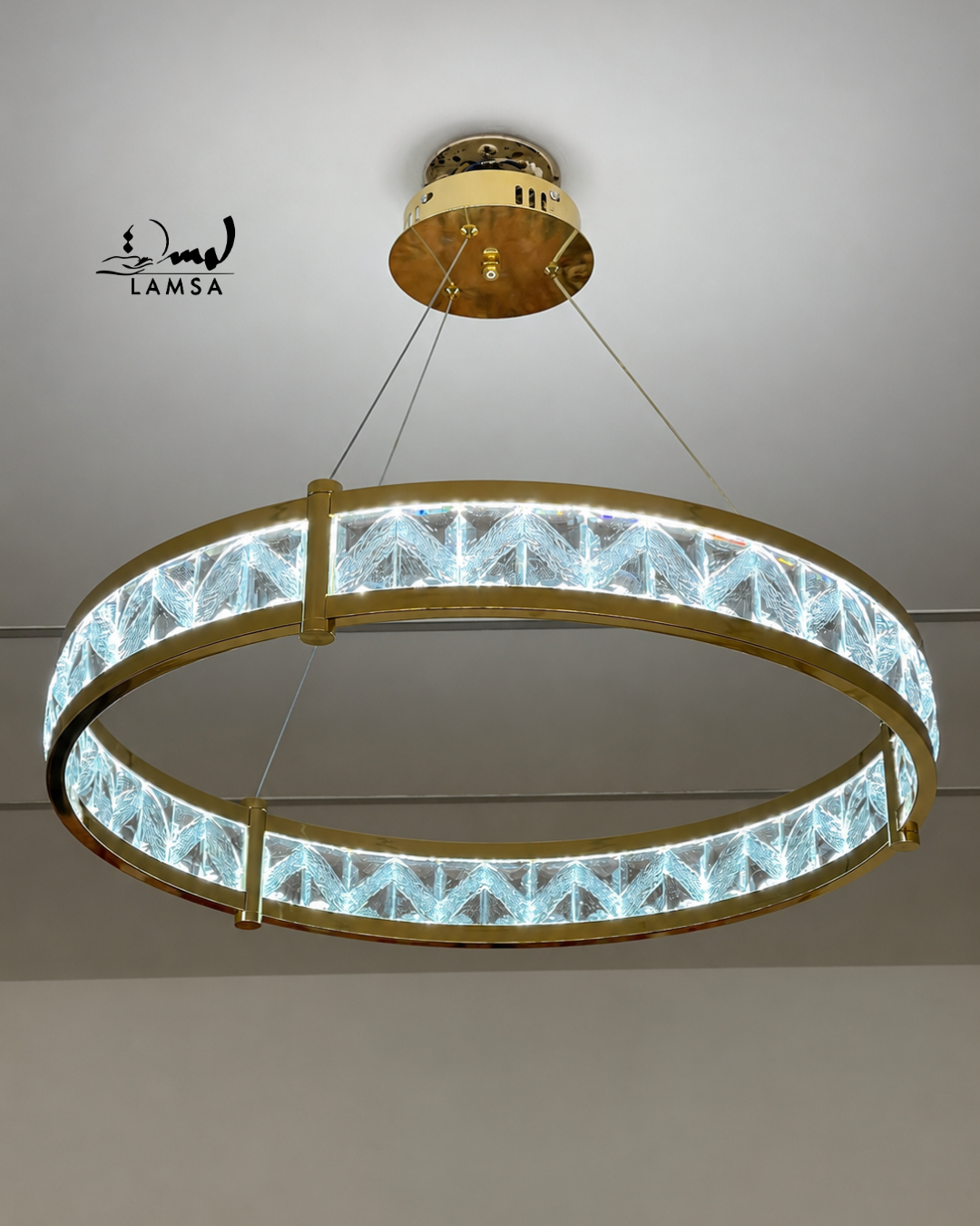 lustre led round Cristal doré 60 cm et 40 cm
