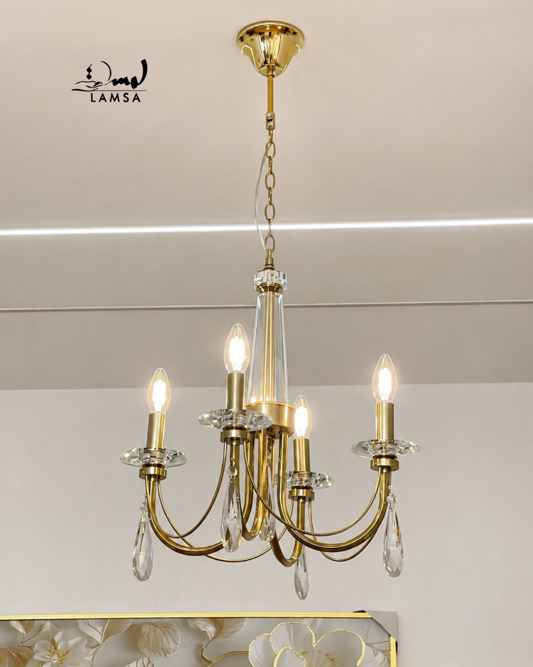 Lustre Chandelier Cristal "Doré" 4 abat-jour