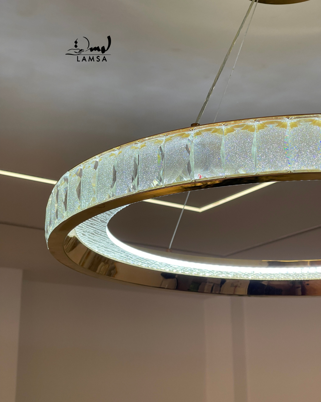 lustre led round Cristal doré 60 cm et 40 cm