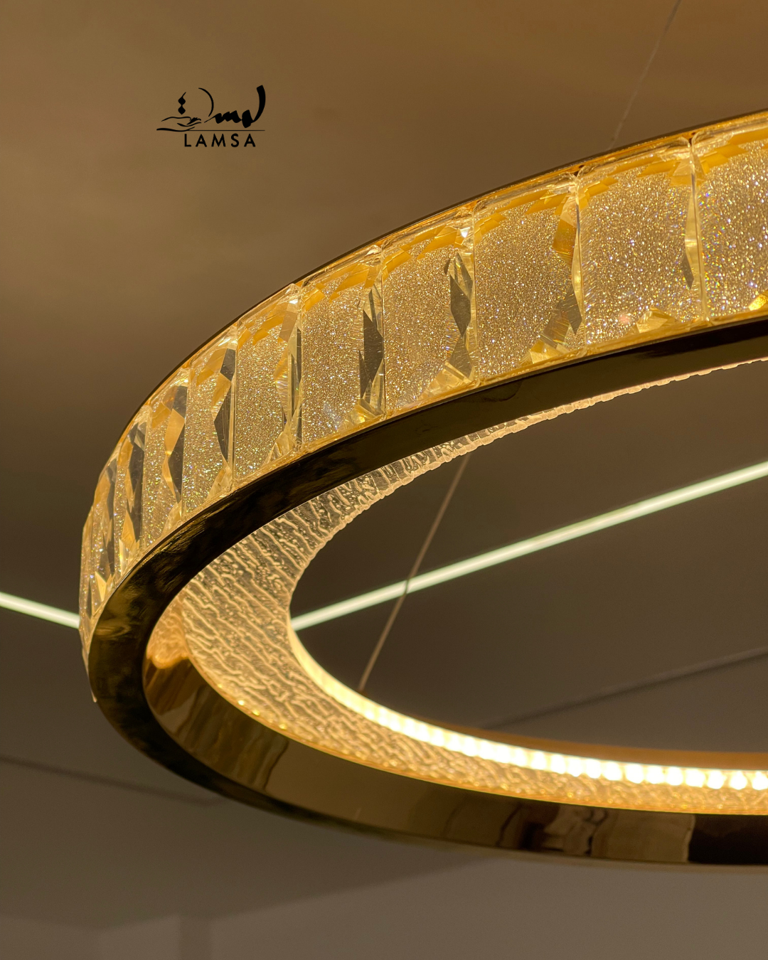 lustre led round Cristal doré 60 cm et 40 cm