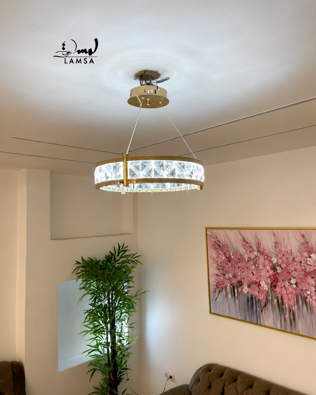lustre led round Cristal doré 60 cm et 40 cm