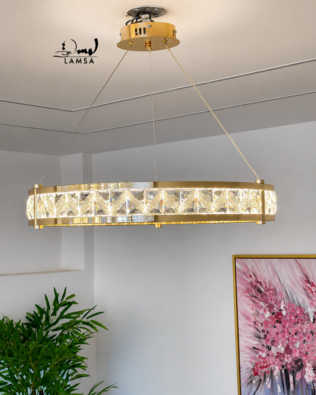lustre led round Cristal doré 60 cm et 40 cm