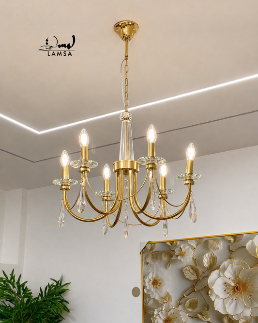 Lustre Chandelier Cristal "Doré" 6 abat-jour