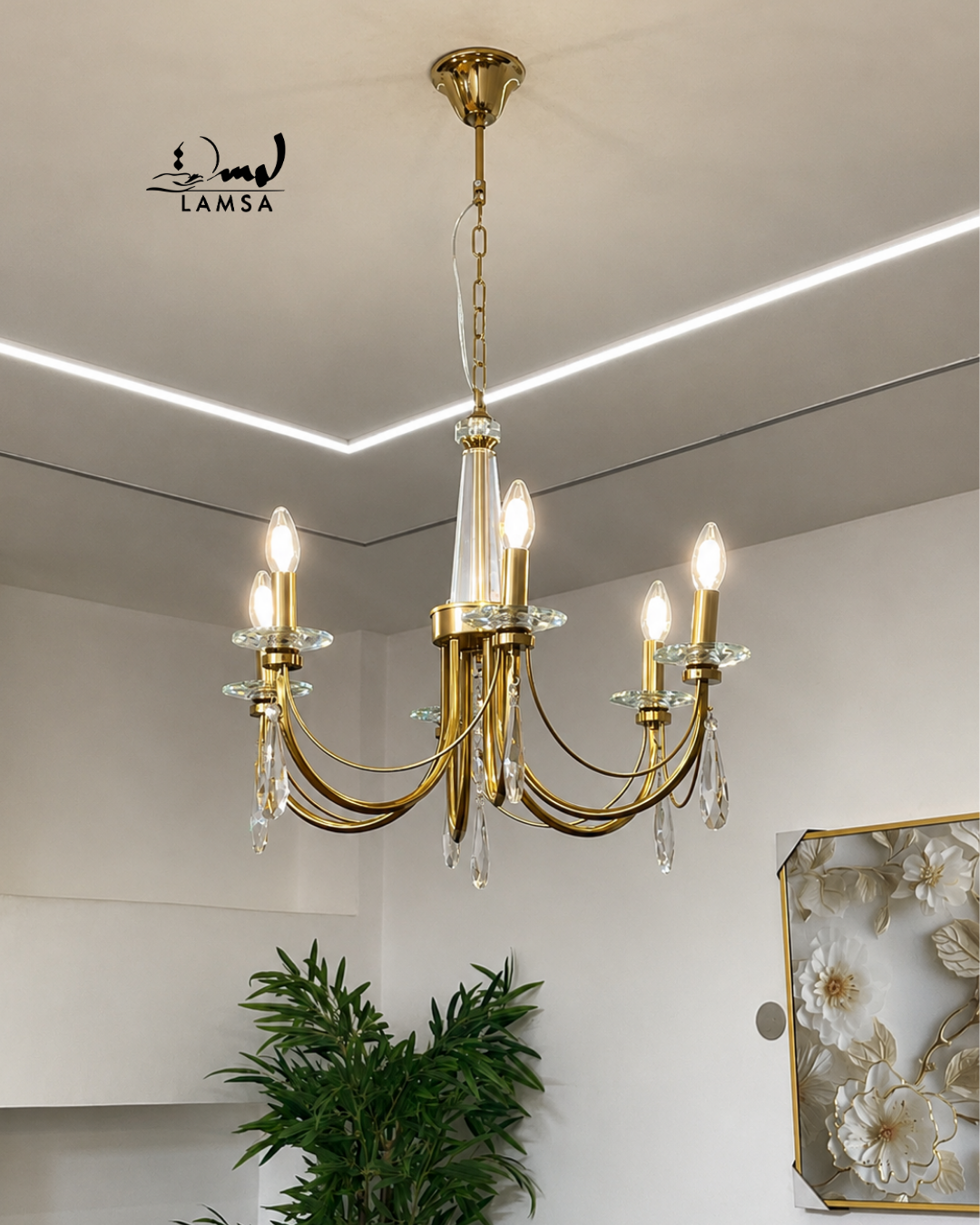 Lustre Chandelier Cristal "Doré" 6 abat-jour