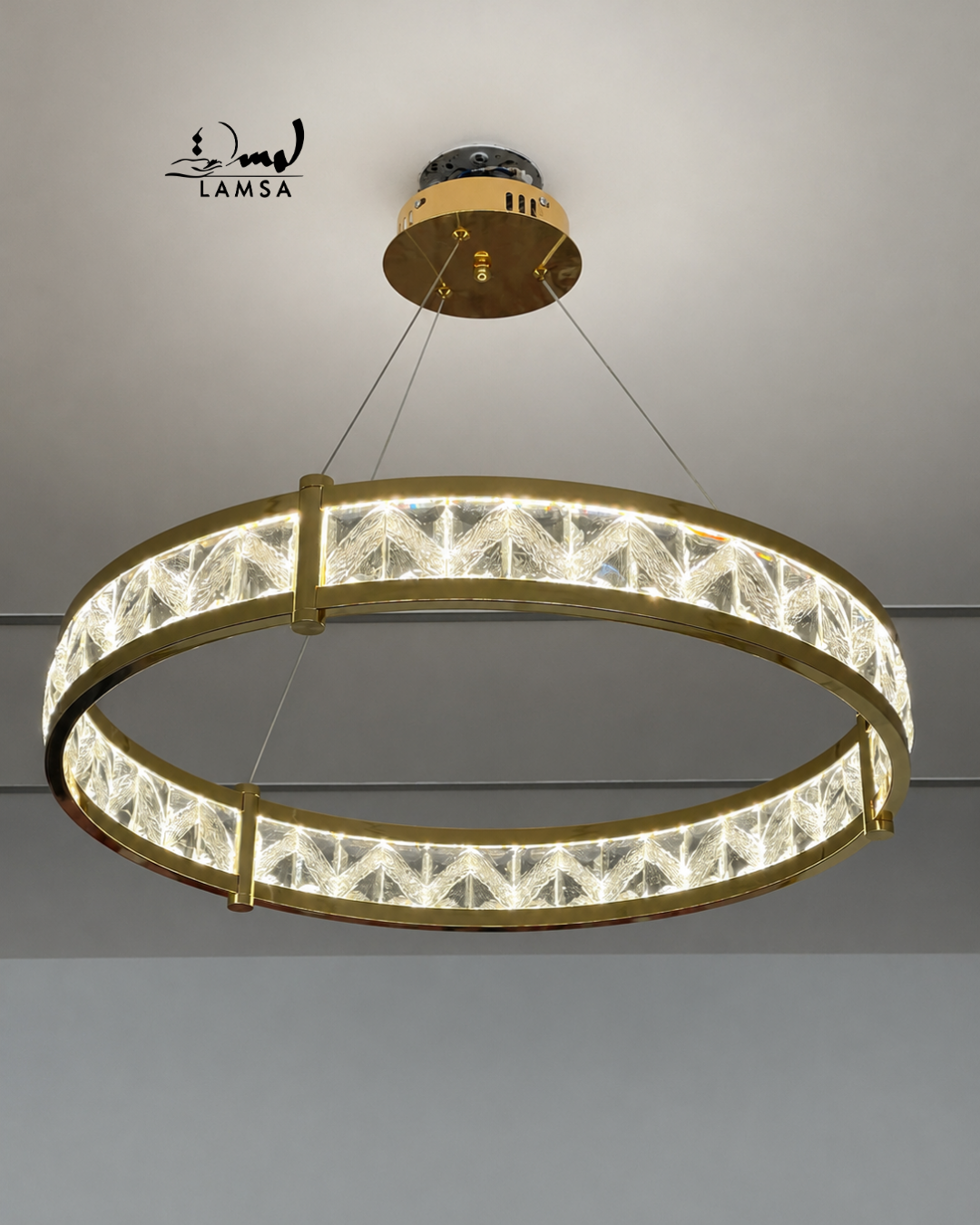 lustre led round Cristal doré 60 cm et 40 cm