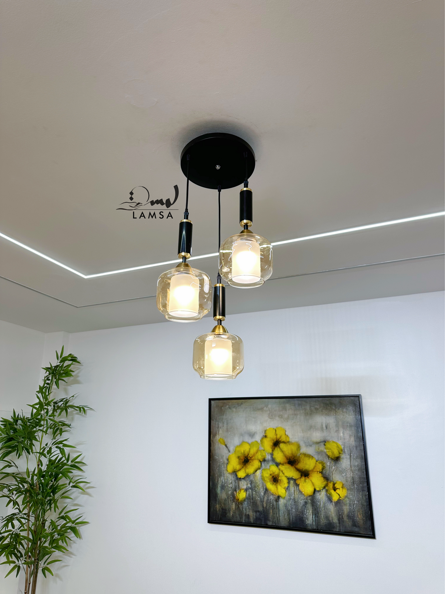 Lustre moderne 3 lampes "Verre Soufflé Gris"