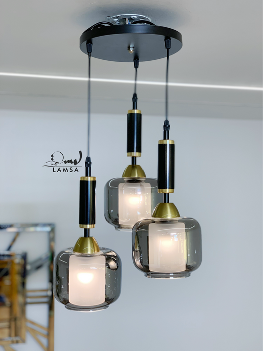 Lustre moderne 3 lampes "Verre Soufflé Gris"