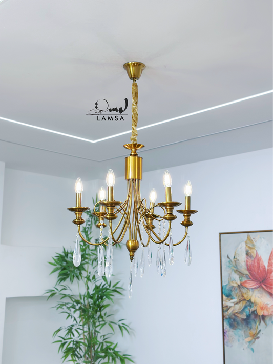 Lustre chandelier doré "PAMPILLES en CRISTAL"- 6 ampoules
