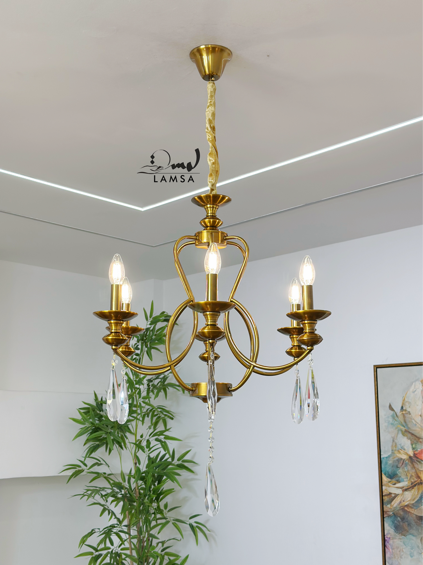 Lustre bronze raffiné avec cristaux suspendus- 6 ampoules