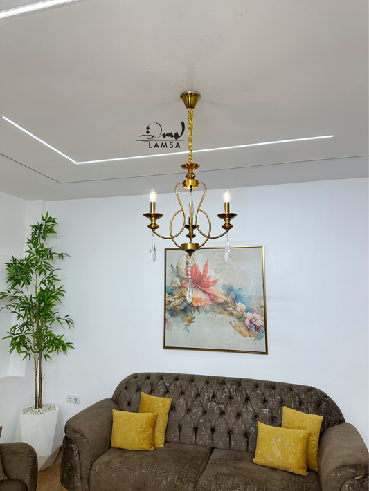 Lustre bronze raffiné avec cristaux suspendus- 3 ampoules