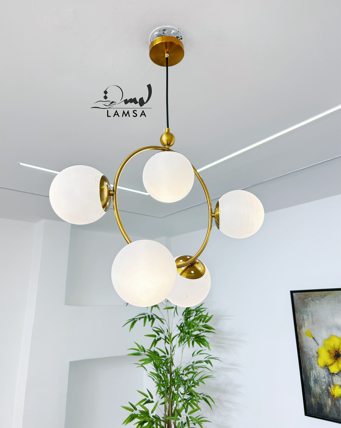 Lustre Rond 5 Boules en Métal Bronze